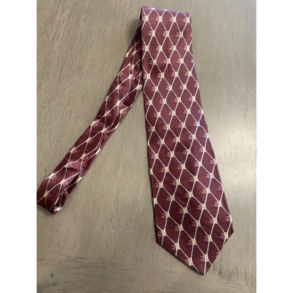 Bill Blass Black Label Mens Silk Necktie Burgundy Red Geometric Diamond‎ Tie